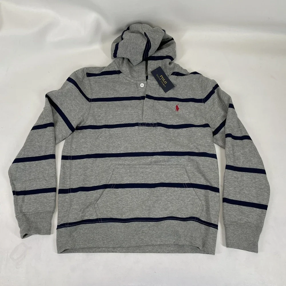 Ralph Lauren Gray Striped Hoodie with Navy Stripes and Red Pony